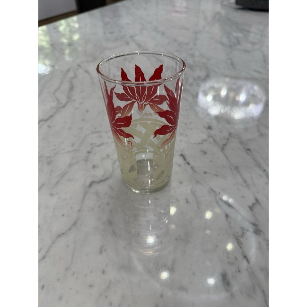 MCM Vintage Federal Beverage Glasses Red Leaves & White Lattice With Caddy RARE - Picture 3 of 6